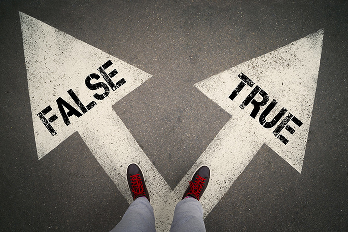 The 8 Most Common Lies Newbies Believe About Wholesaling TRUE versus FALSE written on the white arrows, dilemmas concept.