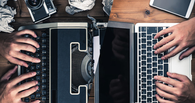 Has Your Investing Strategy Gone Stale? laptop and cellphone juxtaposed next to typewriter and film camera