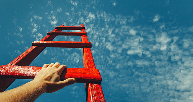 Why Do Some Real Estate Investors Fail? Mans Hand Reaching For Red Ladder Leading To A Blue Sky